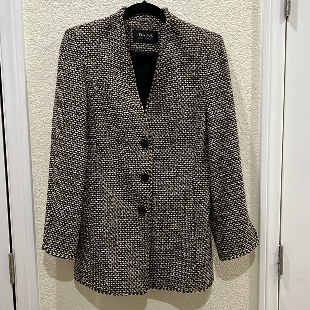 Dana Buchman V-Neck Black/Taupe Tweed Longer Coat